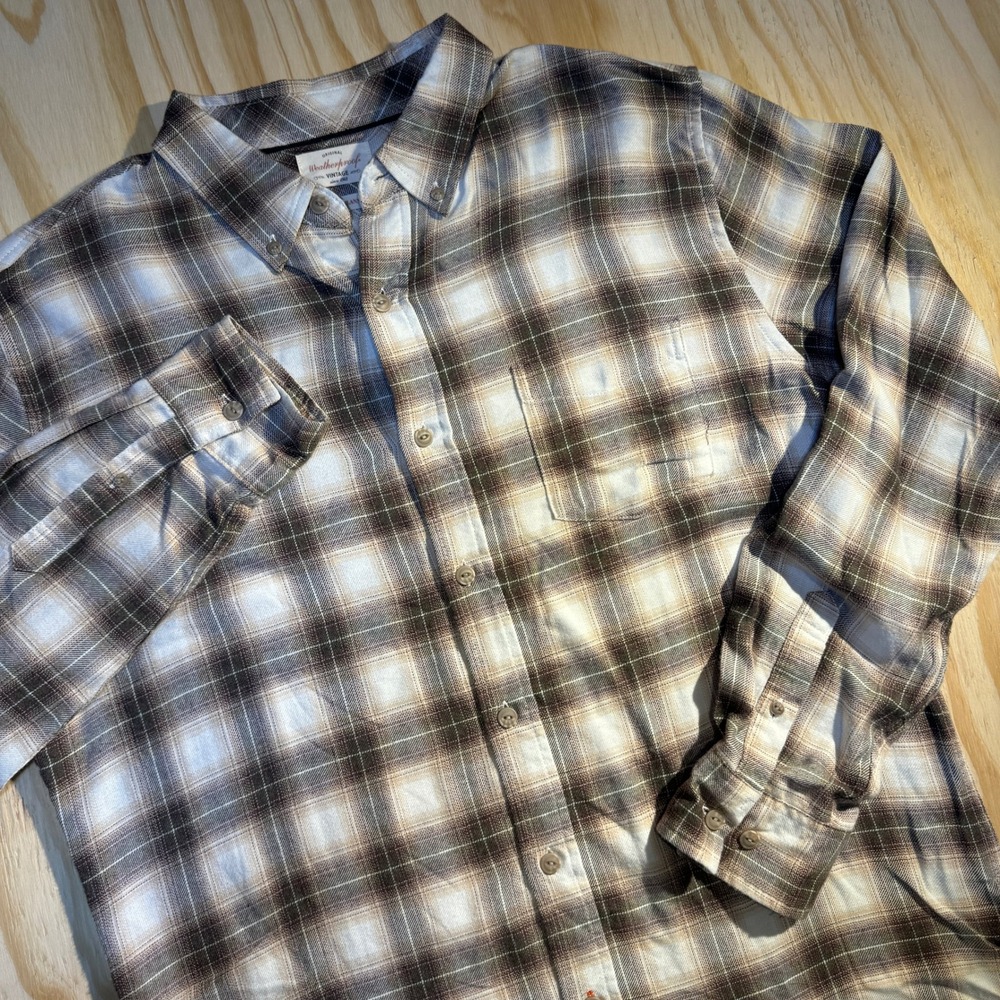 Weatherproof Men's Vintage Luxe Flannel Plaid Button Up Shirt Brown Cream Large